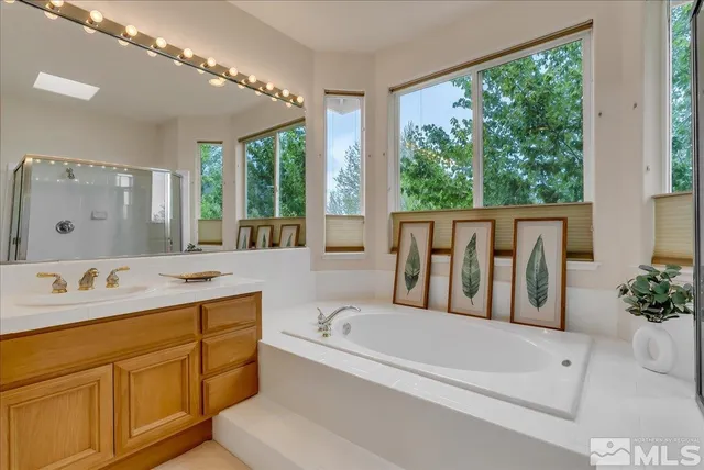 a bathroom with a bathtub and a shower