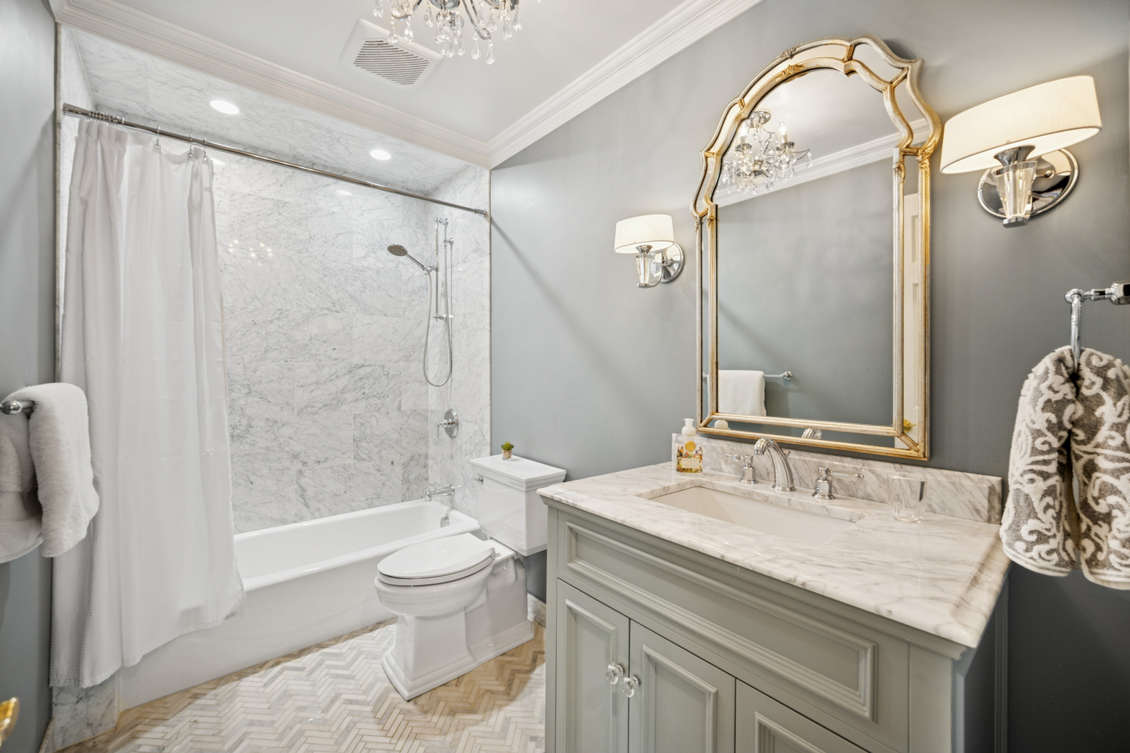1144 Ranch Road Lake Forest, IL 60045 - Photo 29 of 41 a bathroom with a granite countertop sink a toilet and shower