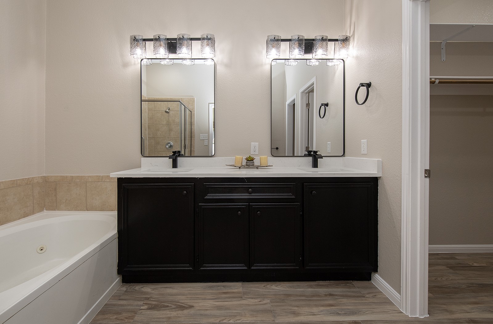 118 Chestnut Court Georgetown, TX 78633 - Photo 15 of 31 a bathroom with a double vanity sink a mirror and a bathtub