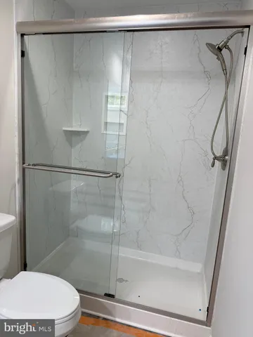 a bathroom with a shower and a toilet