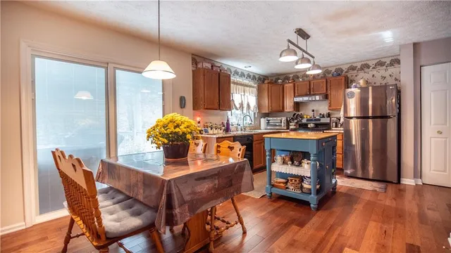 a view of a dining room and furniture