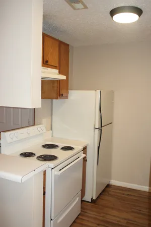 a kitchen with a stove and a refrigerator