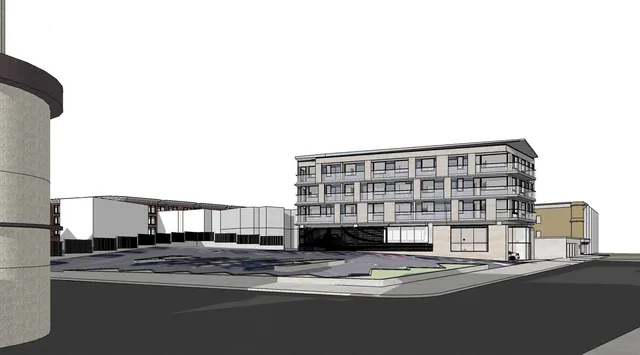 a front view of a building with street view