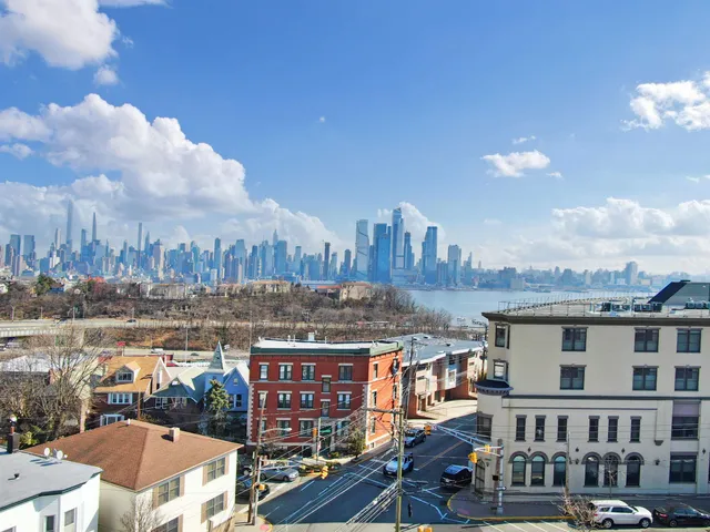 a city view with tall buildings