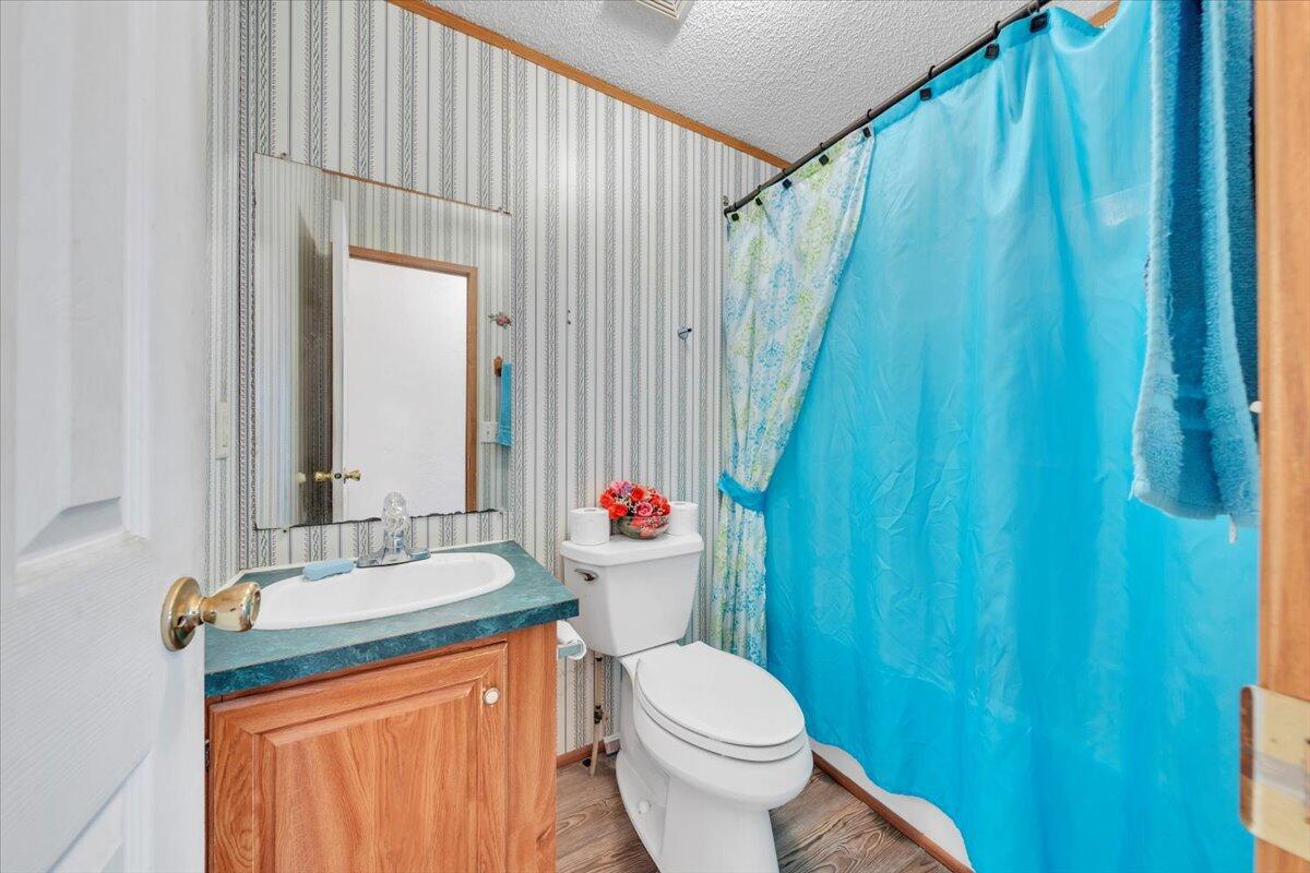 1421 Mob Creek Road Bedford, VA 24523 - Photo 27 of 44 a bathroom with a sink a toilet and shower curtain