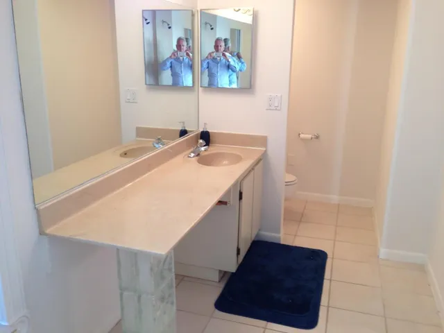 a bathroom with a sink a mirror and a painting on the wall