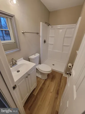 a bathroom with a sink a toilet a mirror and shower