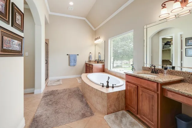 a spacious bathroom with a granite countertop tub sink and mirror
