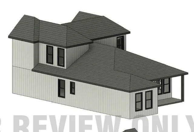 a view of a white house with a big yard and large trees