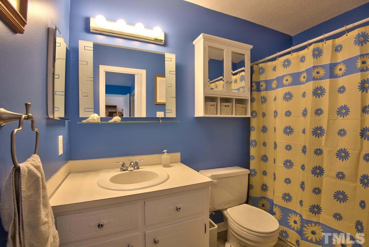 6017 Crabapple Road Durham, NC 27712 - Photo 15 of 18 a bathroom with a sink a toilet and shower curtain
