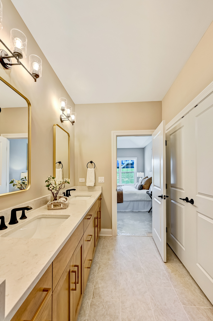 12235 Copper Ridge Drive, Unit 18 Lemont, IL 60439 - Photo 20 of 30 a bathroom with a double vanity sink a mirror and a shower