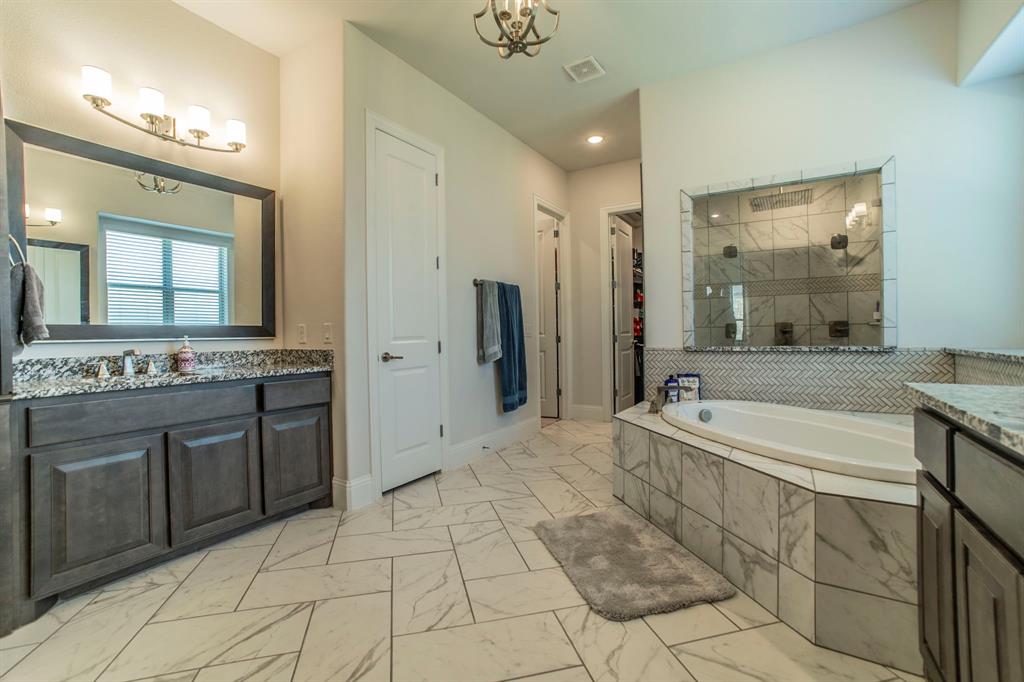 1420 Ashton Ridge Drive Prosper, TX 75078 - Photo 14 of 39 a spacious bathroom with a granite countertop sink a mirror and a bathtub