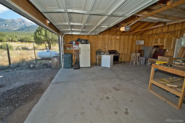 a view of a garage with wooden table