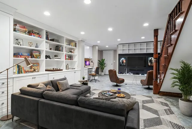 a view of a livingroom with wooden floor