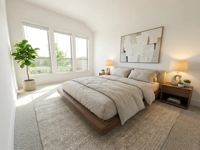 a bedroom with a large bed and a potted plant