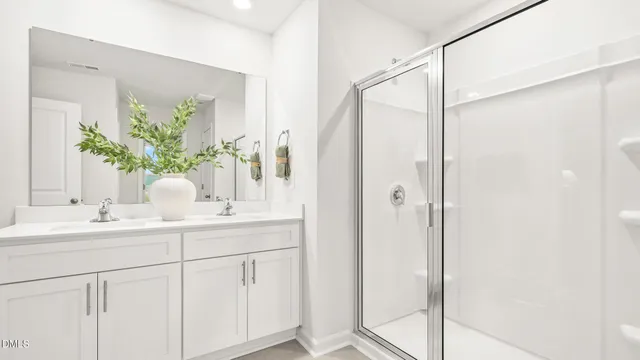 a bathroom with a sink a mirror and a shower