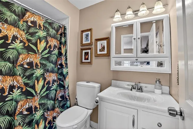 a bathroom with a sink vanity mirror and toilet