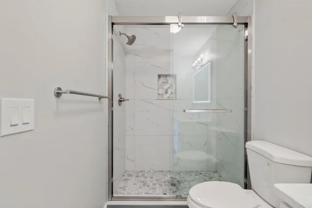 a bathroom with a shower and toilet