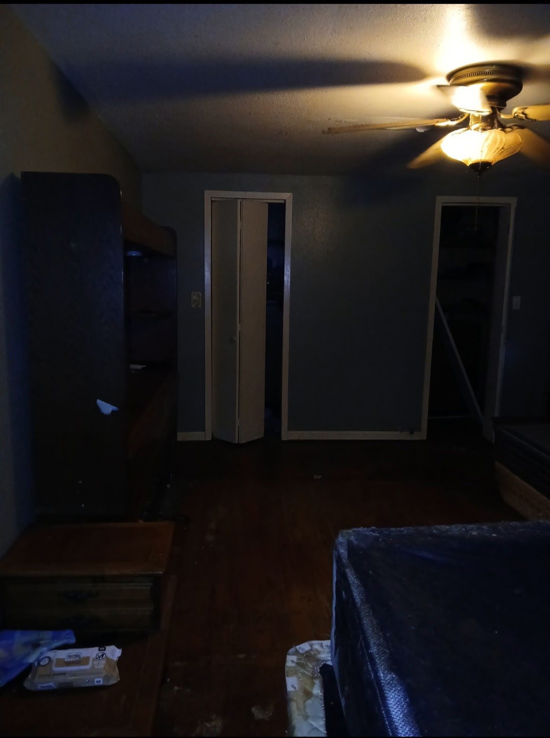 885 Bullock Road Francitas, TX 77961 - Photo 8 of 15 A darker interior shot, likely another angle of a bedroom or living space with a ceiling fan.