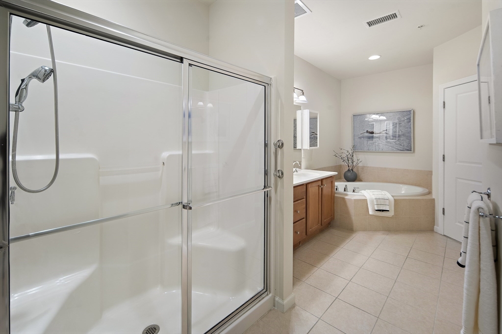 107 Clocktower Drive, Unit 303 Waltham, MA 02452 - Photo 13 of 18 a bathroom with a shower a sink a toilet and shower