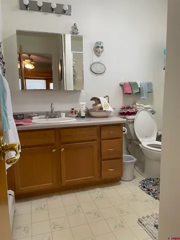 a bathroom with a toilet sink vanity and mirror