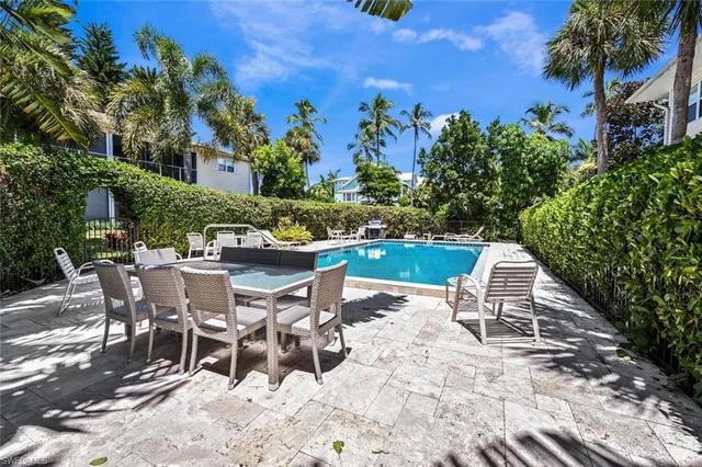 an outdoor space with furniture