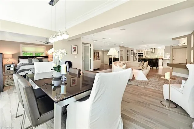 a view of a dining room with furniture