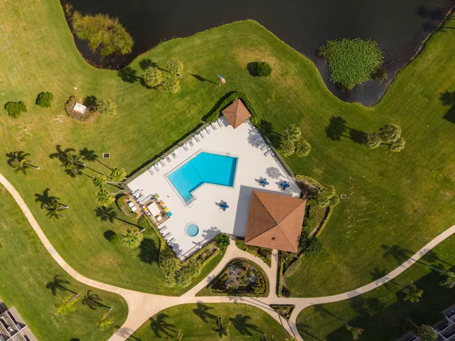 an aerial view of a swimming pool