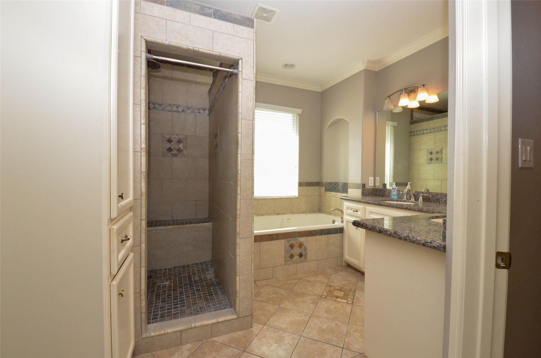 6125 Alleluia Trail Manvel, TX 77578 - Photo 14 of 25 a bathroom with a granite countertop sink mirror and a bathtub