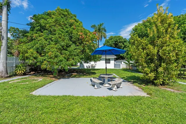 a table and chairs under an umbrella