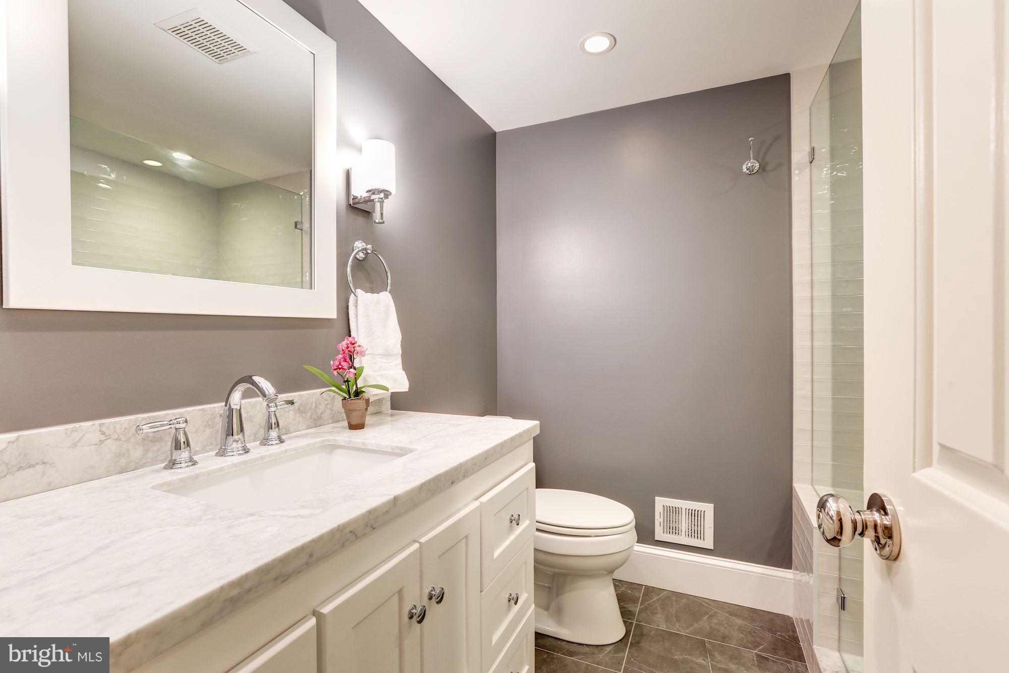7105 Fairfax Road Bethesda, MD 20814 - Photo 10 of 17 a bathroom with a granite countertop sink a toilet and a mirror