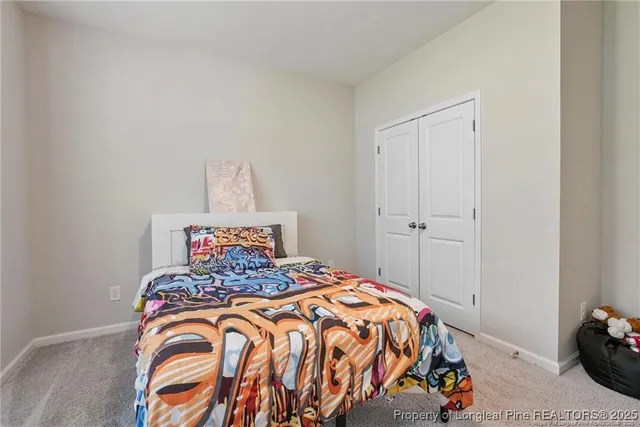 a bedroom with a bed and a closet