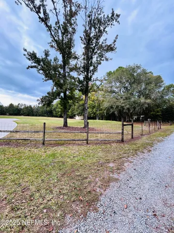a view of a park with large trees