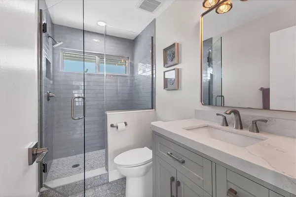 a bathroom with a shower sink vanity mirror and toilet