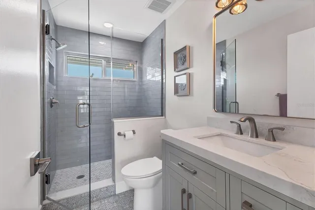 a bathroom with a shower sink vanity mirror and toilet