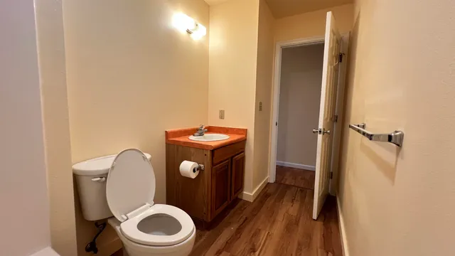 a toilet sitting in a bathroom next to a sink