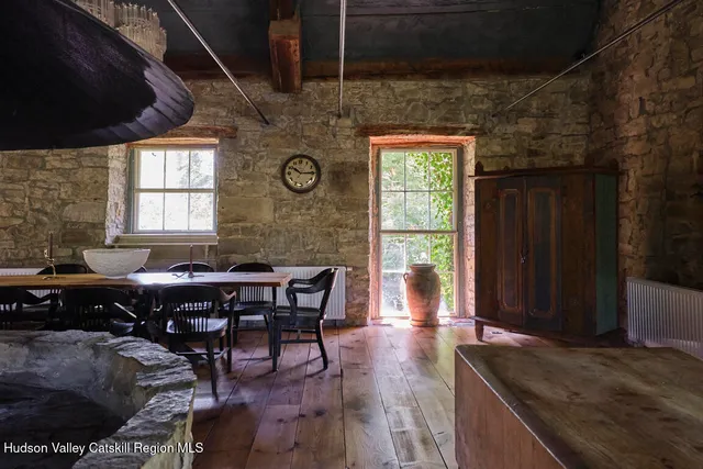 a view of a dining room with furniture and window