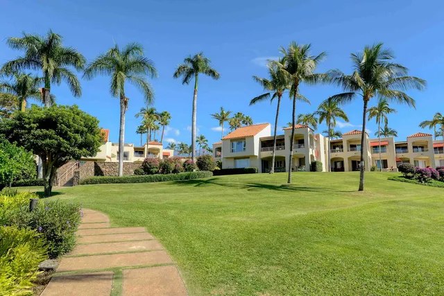 a view of a house with a big yard and potted plants