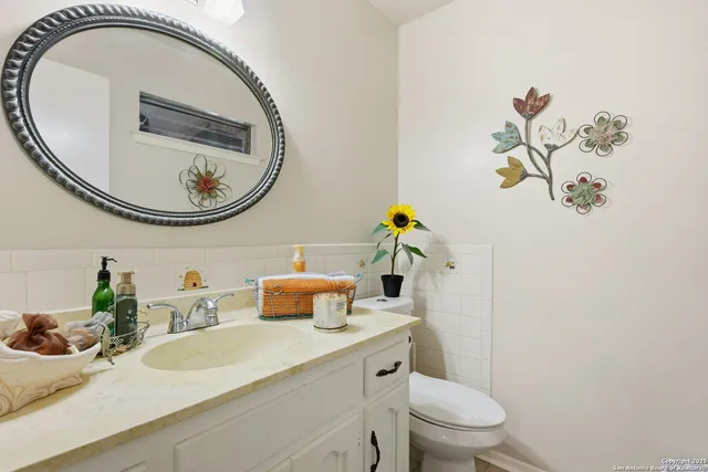 a bathroom with a toilet a sink and a mirror