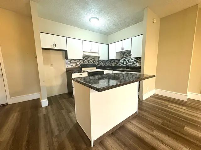 a kitchen with granite countertop a sink a stove a refrigerator and white cabinets