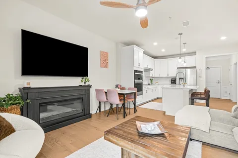 a living room with furniture a flat screen tv and a fireplace