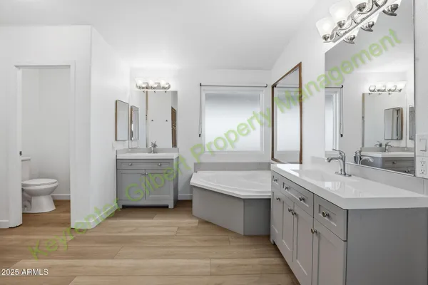 a bathroom with a tub sink and mirror