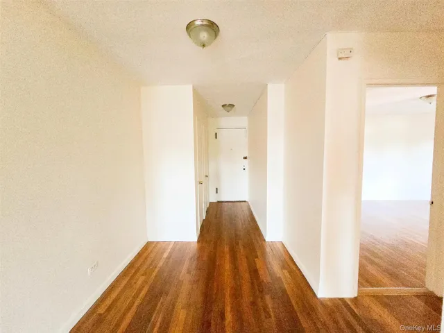 a view of a room with wooden floor and door