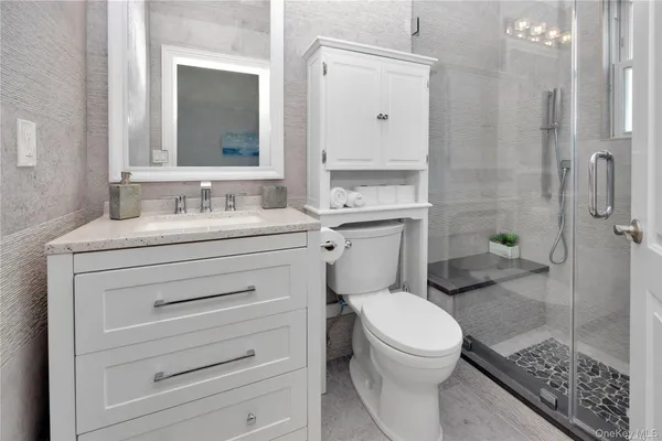 a bathroom with a toilet a sink a glass door a shower a mirror and vanity