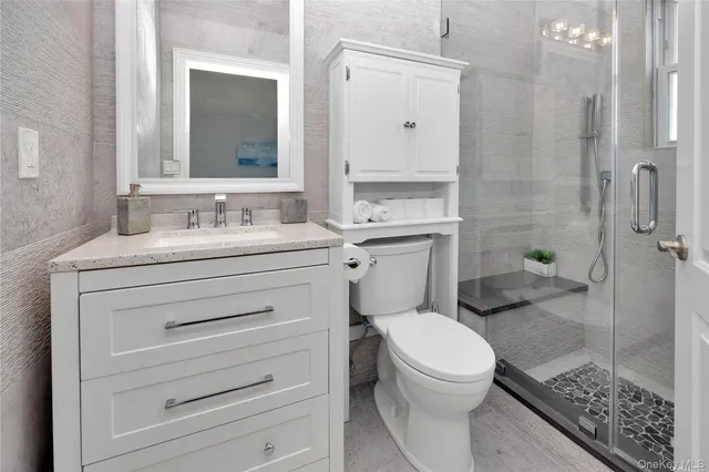 a bathroom with a toilet a sink a glass door a shower a mirror and vanity