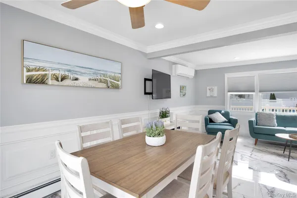 a view of a dining room with furniture