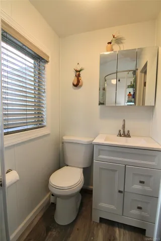 a bathroom with a toilet sink and mirror