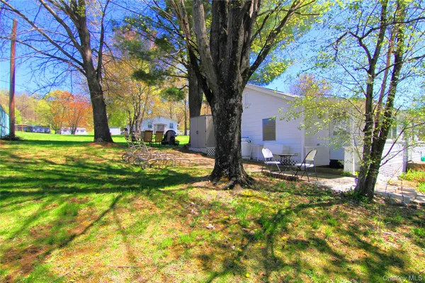 a view of a yard with plants and trees