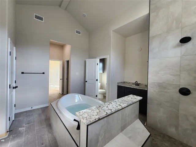 a bathroom with a granite countertop sink a toilet and shower