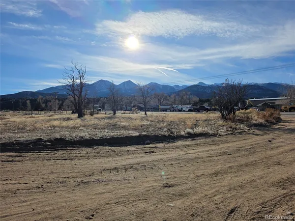 a view of a town with large trees
